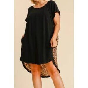 Umgee USA Black Tunic Dress Leopard‎ Print Frayed Hem XL Linen Blend Hi Low